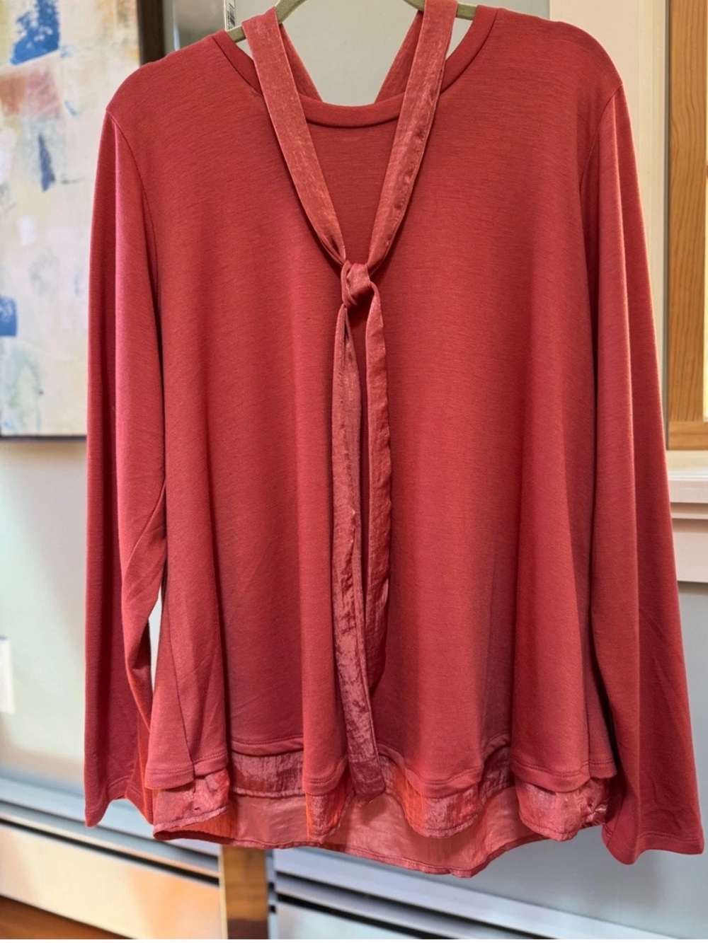 Bobeau Women’s Long-Sleeve layered Tie-Neck Top Rust Coral EUC Size 1X EUC